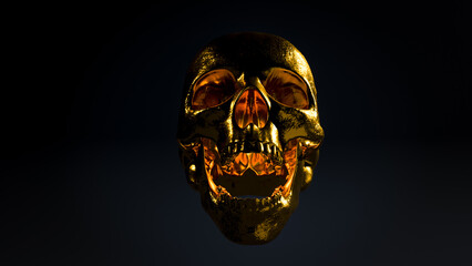 Golden laughing skull floating over black background. Image for hallooween holiday. Horror, death and scary skull