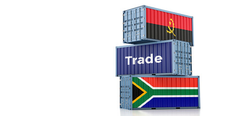 Cargo containers with South Africa and Angola national flags. 3D Rendering