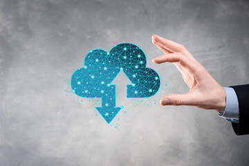 Man hold Cloud icon technology. Polygonal wireframe cloud storage sign with two arrows up and down....