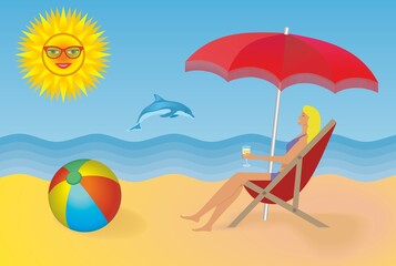 Woman enjoying sunny day at beach. Vector illustration. 