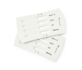 Two disposable express tests for hepatitis on white background, top view