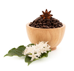 Coffee flowers and seeds isolated on white background with clipping path.