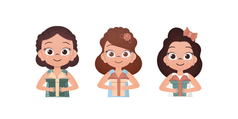 Obraz premium Set of happy girls who are holding a gift. Drawing in cartoon style. Vector illustration.