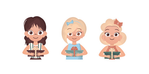 Set of happy girls who are holding a gift in their hands. Drawing in cartoon style. Vector illustration.