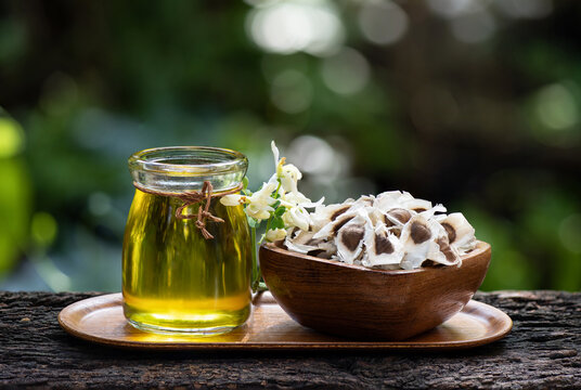 Moringa or  moringa oleifera and oil on nature background.