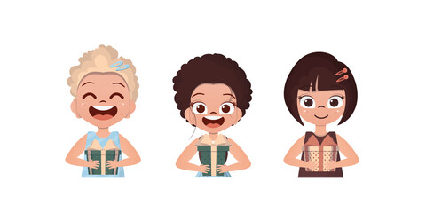 Set of happy baby girls who are holding a gift in their hands. Drawing in cartoon style. Vector.