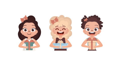 Fototapeta premium Set of joyful baby girls who are holding a gift. Drawing in cartoon style. Vector illustration.