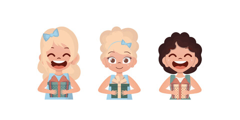 Set of joyful baby girls who are holding a gift in their hands. Drawing in cartoon style. Vector.