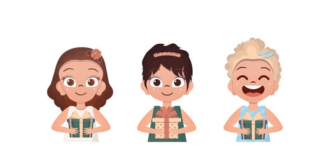 Obraz premium Set of happy girls who are holding a gift. Drawing in cartoon style. Vector.
