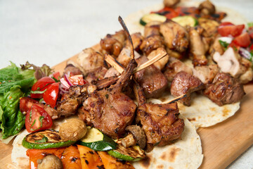 Assorted delicious grilled meat with vegetable