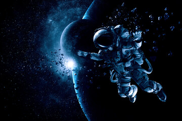 Astronaut and space exploration theme. . Mixed media