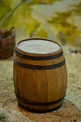 Old oak wine barrel. Old wooden barrel. Vintage barrel. Beer Barrel. Barrel with wine.