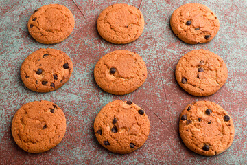 Cookies, cookies on different backgrounds, oatmeal cookies with chocolate