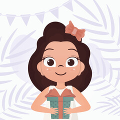 The child received a gift. Happy girls child holding a gift box with a bow. Vector.