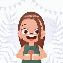 Fototapeta premium The child received a gift. Satisfied girls child holding a gift box. Vector.