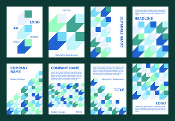 Cube motion pattern vector cover page layout collection. Geometric business brochure template set in green blue colors. Abstract cube shapes composition patterns. Banners or covers.