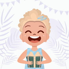 The child received a gift. Satisfied girls child holding a gift box. Vector illustration.