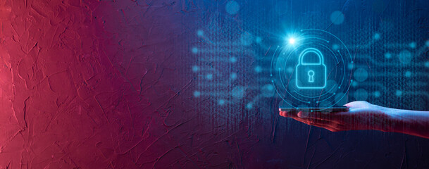 Cyber security network. Padlock icon and internet technology networking. Businessman protecting data personal information on tablet and virtual interface. Data protection privacy concept. GDPR. EU