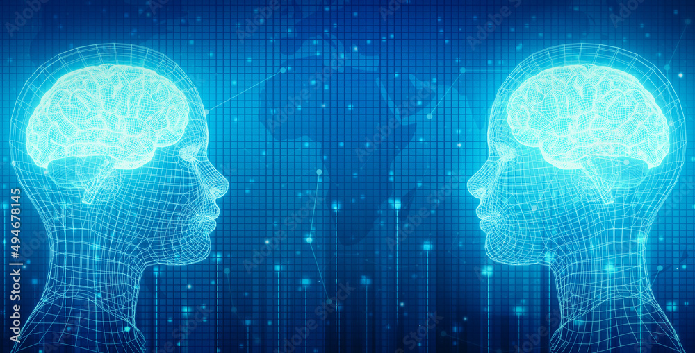 Poster Modern Machine Learning and Artificial Intelligence Technology Abstract Background. Futuristic Robots connecting through artificial intelligence
