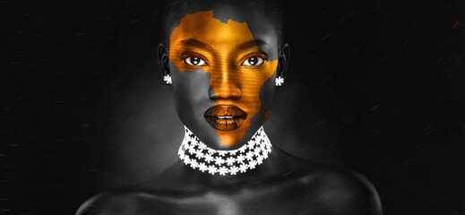 an africa symbol image on the beautiful african face of a young woman - obrazy, fototapety, plakaty