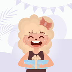 The child received a gift. Joyful girls holds a gift box with a bow in her hands. Vector.