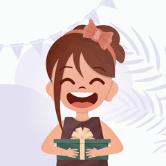 The child received a gift. Joyful girls holds a gift box with a bow in her hands. Vector illustration.