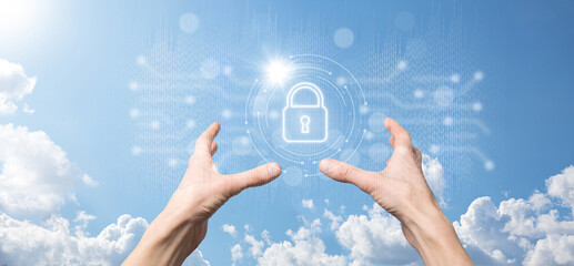 Cyber security network. Padlock icon and internet technology networking. Businessman protecting data personal information on tablet and virtual interface. Data protection privacy concept. GDPR. EU