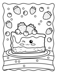 Kawaii coloring page. Cake with strawberries and berries. Sweets. Black and white illustration.
