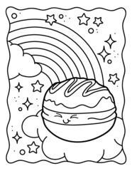 Kawaii coloring page. Cool donut on the cloud. Rainbow. Coloring book. Black and white illustration.
