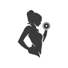 Bodybuilder logos template. Vector object or icon for sport label, gym badge, fitness logo design, emblem graphics. Sport symbol, exercise logo, woman holding weight silhouette.