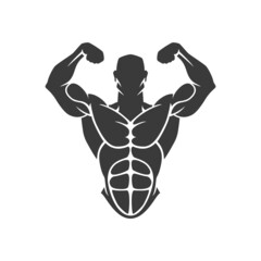 Bodybuilder logo template. Vector object or icon for sport label, gym badge, fitness logo design, emblem graphics. Sport symbol, exercise logo, man athlete silhouette.