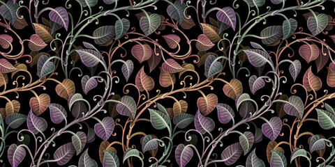 Seamless pattern. Colorful ivy leaves, plants. Floral tropical dark 3d illustration. Hand-drawn watercolor design. Stylish luxury background, classic wallpaper, cloth, paper, mural, fabric printing. - 494678916