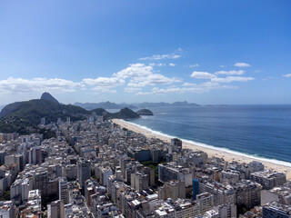 aerial drone view of Copacabana beach towards Corcovado, Rio de Janeiro, Brazil