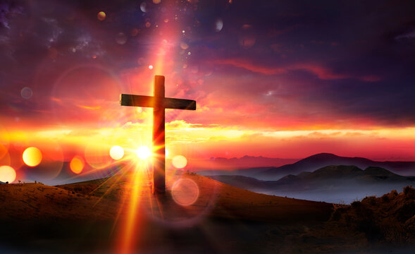 Crucifixion At Sunset Of Jesus Christ - Cross On Hill - Abstract Flare Effect And Defocused Lights