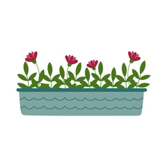 Pink flowers and green branches in blue flowerpot. Houseplant in doodle style. 