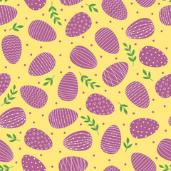 Seamless pattern with Easter decorated eggs. Purple eggs and green branches on yellow background.