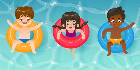 Set of cute summer kids with inflatable ring. Cartoon happy children swimming in the pool.