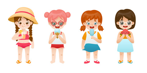 Summertime baby girls set. Girls eating summer food. Collection of adorable kids on vacation.