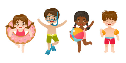 Set of cute happy children in swimsuit. Collection of friendly cartoon kids with inflatable beach toys. Summer toddlers bundle.