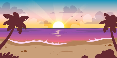 Fototapeta na wymiar Cartoon sunset on the tropical beach. Sundown seascape panorama with palm tree. Paradise sunrise on the coastline.