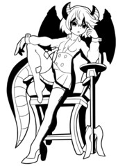 Dragon girl in manga and anime style with horns tail sits on a throne manga style with shadows