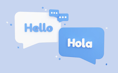 Translation concept. Hello and Hola speech bubble banner. International correspondence in English and Spanish. Online Chat. 3D Rendering © accogliente