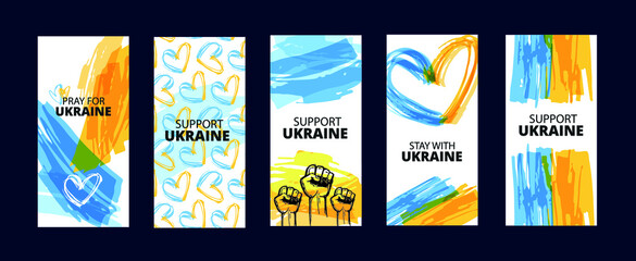 Naklejka premium Template design banner set about Ukraine. Glory of Ukraine! Support Ukraine, Ukrainian flag with a Pray for Ukraine concept icon set. Save from Russia stickers for media. Mega set.