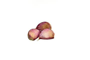 Three cloves of garlic isolated on white background. Natural food. copy space