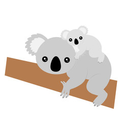 コアラの母子。赤ちゃんコアラをおんぶして歩く母コアラ。育児、子育てのコンセプト。