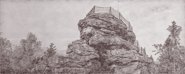 Charcoal or graphite drawing of rock of Certovy kameny in Jeseniky mountains in Czech republic.