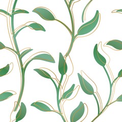 Stylish pattern of green leaves with a golden outline on a white background for wedding invitations postcards posters