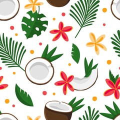 Seamless pattern coconut half with tropical green leaves and flowers Vector illustration isolated on white background