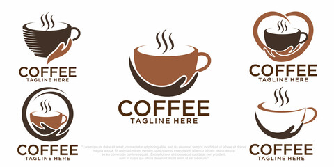 Coffee logo design template combination cup and hand, simple icon set logos