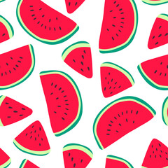 Vector watermelons hand drawn seamless pattern. Cute summer fresh fruits print. Watermelon red slices with seeds repeat texture on white background for wallpaper, fabric design, decor, textile.